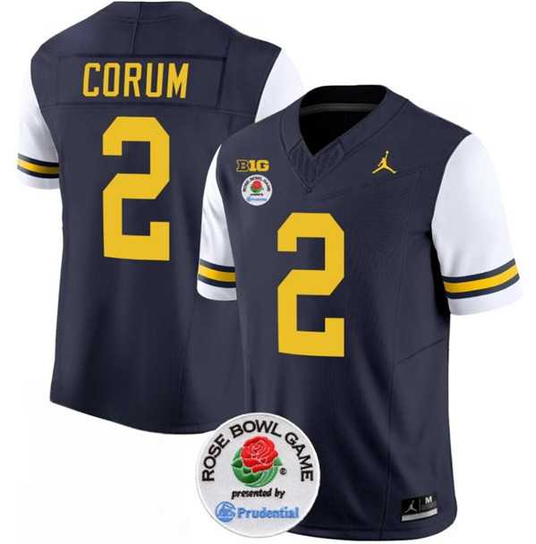 Men's Michigan Wolverines #2 Blake Corum 2023 F.U.S.E. Navy White Rose Bowl Patch Stitched Jersey Dzhi